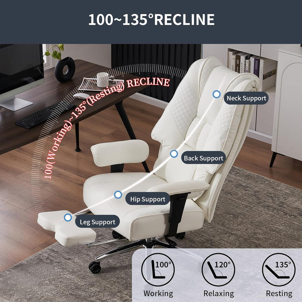 Large Tall Office Chair 400 lbs Wide Seat, Leather High Back Executive Office Chair with Footrest, Ergonomic Office Chair Lumbar Support to Relieve Lower Back Pain (Beige)