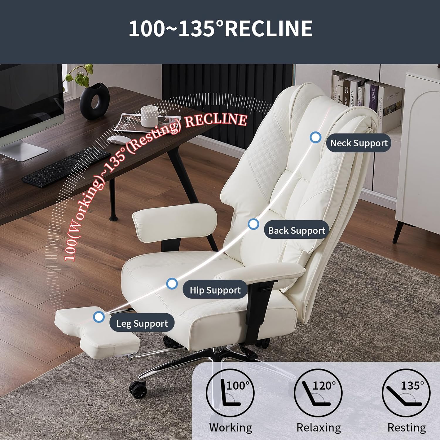 Large Tall Office Chair 400 lbs Wide Seat, Leather High Back Executive Office Chair with Footrest, Ergonomic Office Chair Lumbar Support to Relieve Lower Back Pain (Beige)