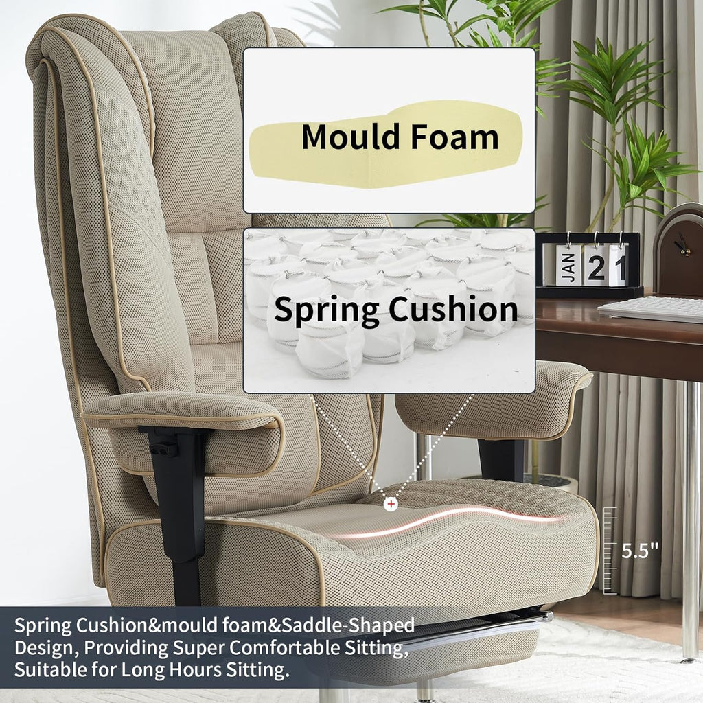 Large Tall Office Chair 400 lbs Wide Seat, Leather High Back Executive Office Chair with Footrest, Ergonomic Office Chair Lumbar Support to Relieve Lower Back Pain (Beige)