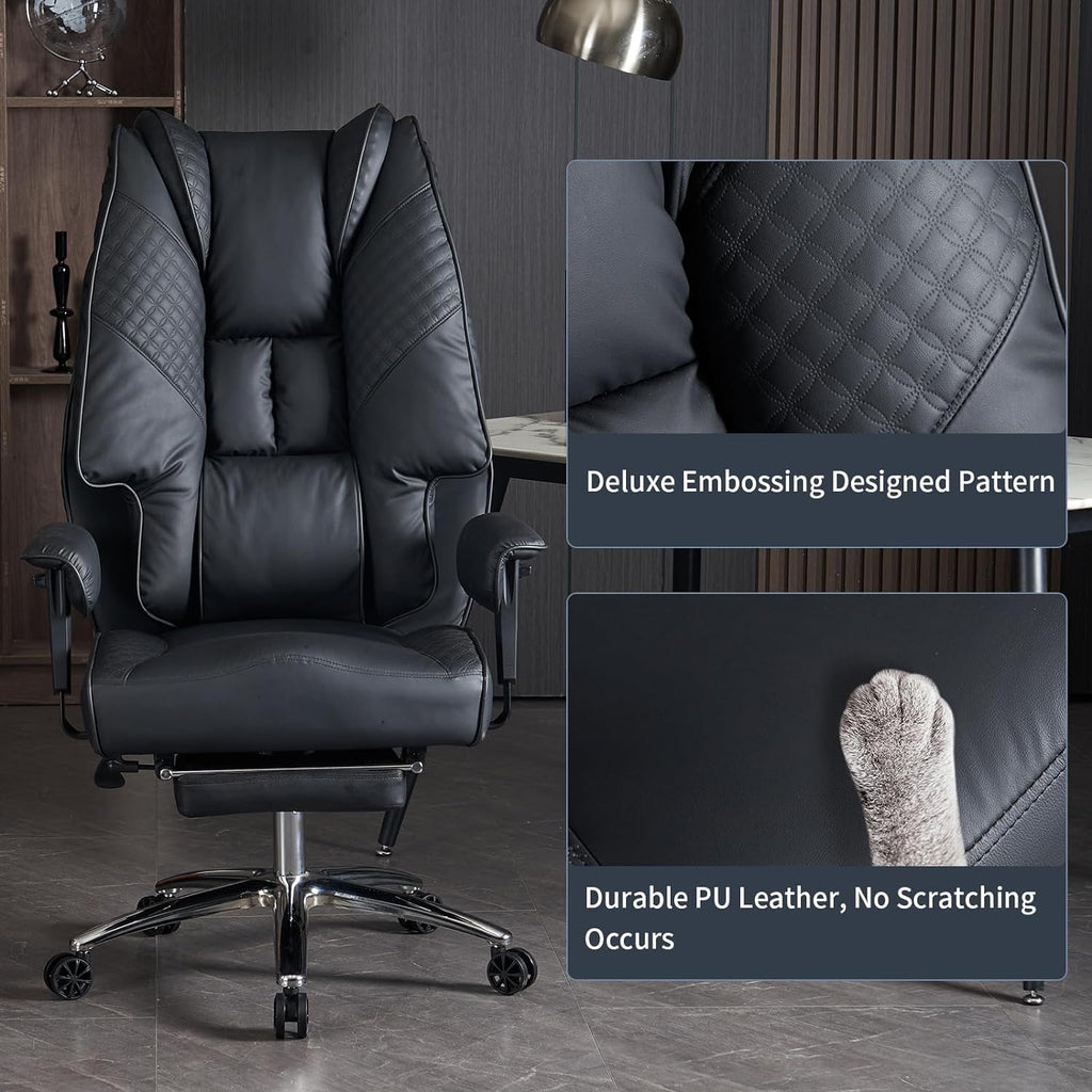 Large Tall Office Chair 400 lbs Wide Seat, Leather High Back Executive Office Chair with Footrest, Ergonomic Office Chair Lumbar Support to Relieve Lower Back Pain (Beige)