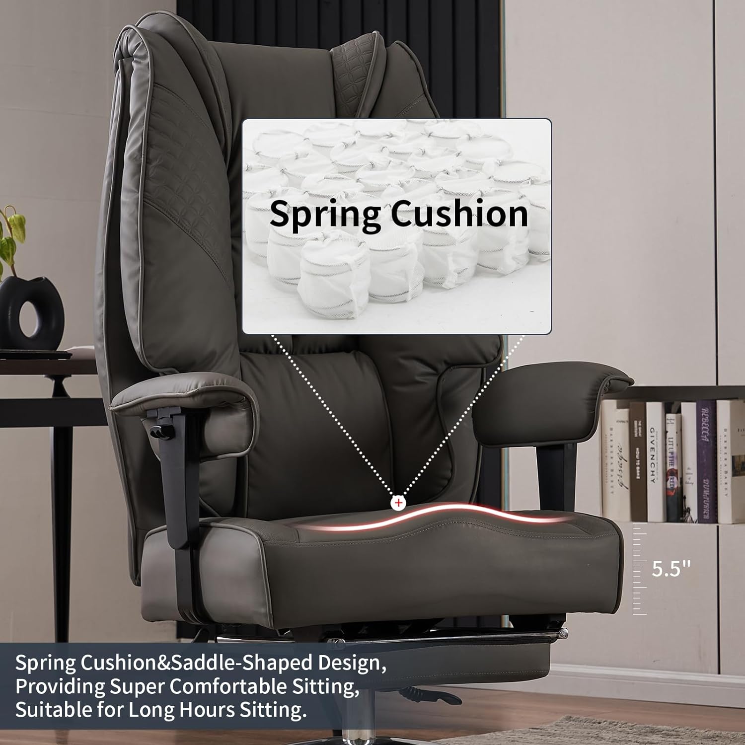 Large Tall Office Chair 400 lbs Wide Seat, Leather High Back Executive Office Chair with Footrest, Ergonomic Office Chair Lumbar Support to Relieve Lower Back Pain (Beige)