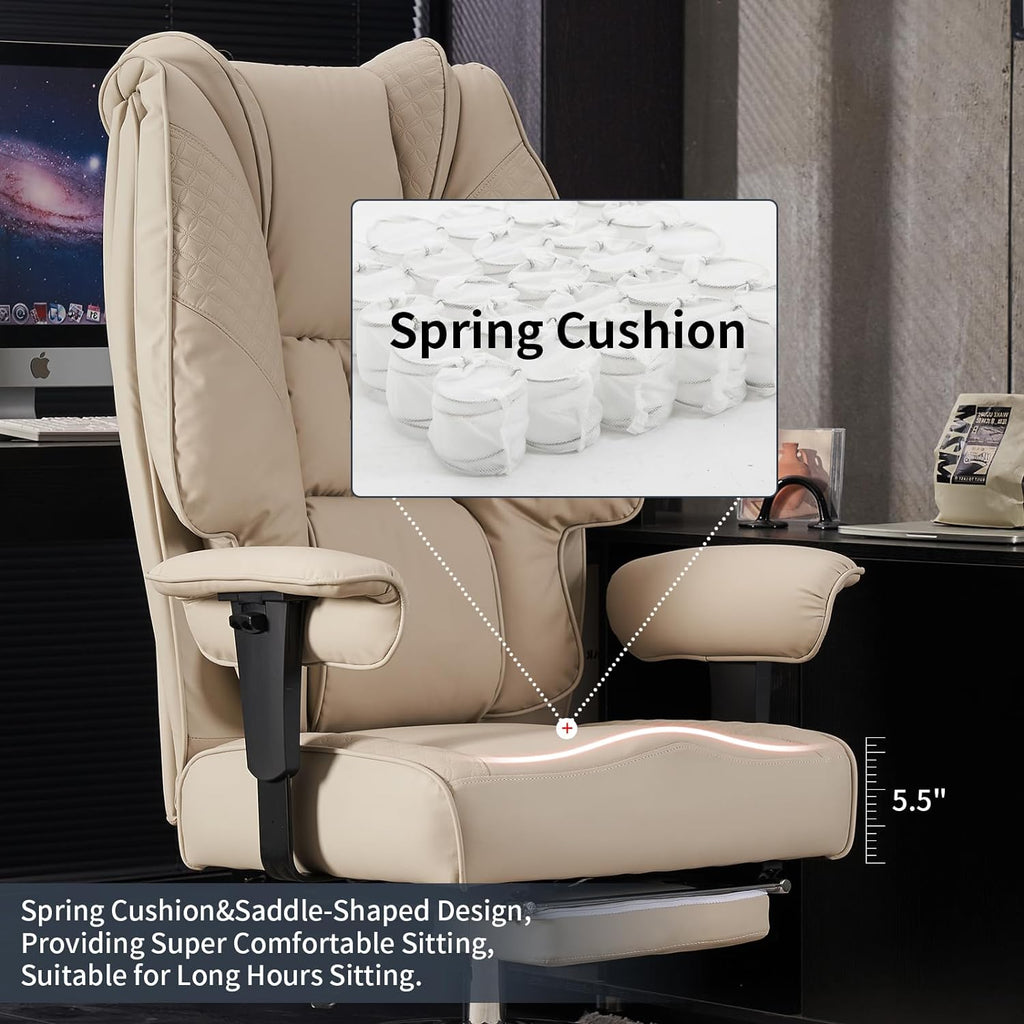 Large Tall Office Chair 400 lbs Wide Seat, Leather High Back Executive Office Chair with Footrest, Ergonomic Office Chair Lumbar Support to Relieve Lower Back Pain (Beige)