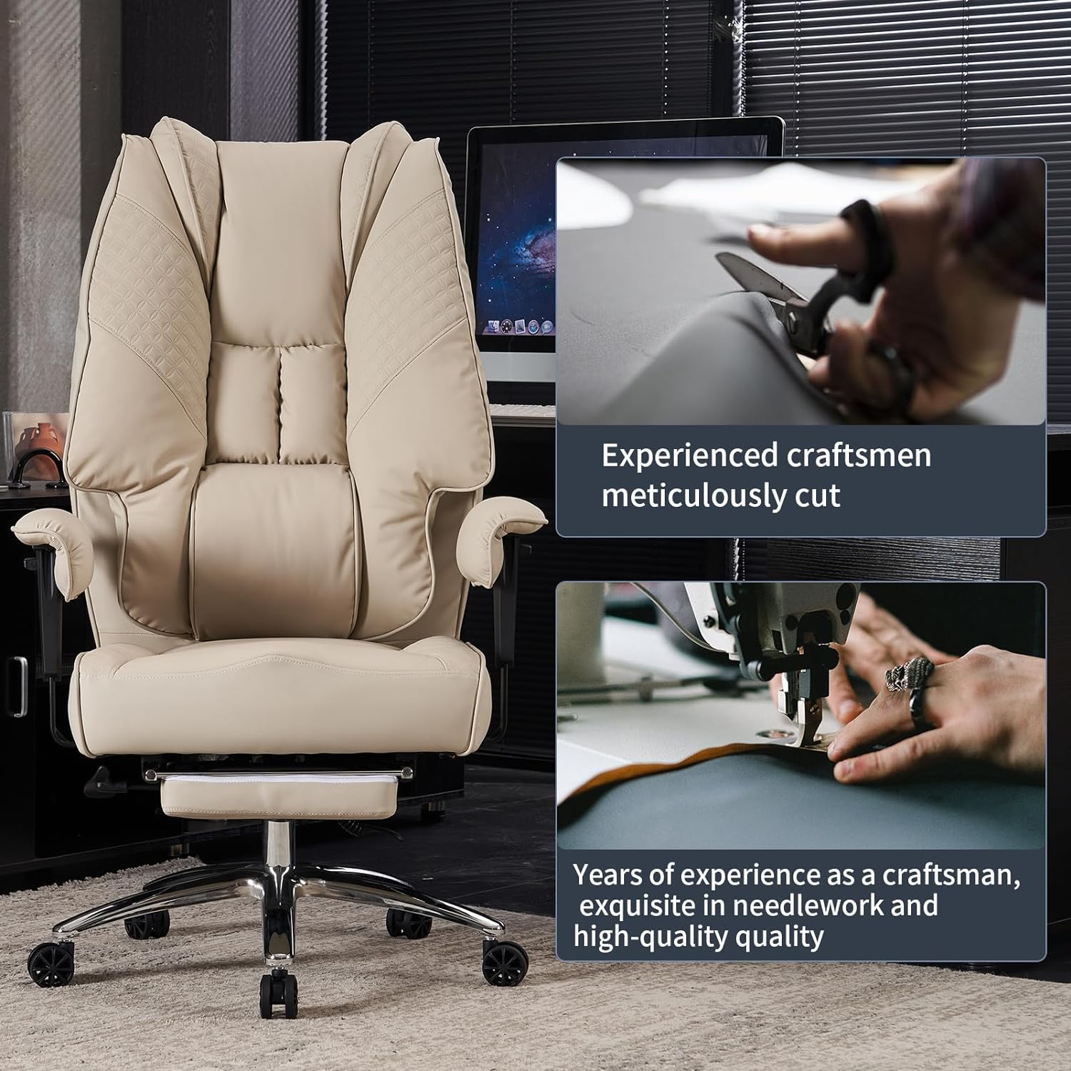 Large Tall Office Chair 400 lbs Wide Seat, Leather High Back Executive Office Chair with Footrest, Ergonomic Office Chair Lumbar Support to Relieve Lower Back Pain (Beige)