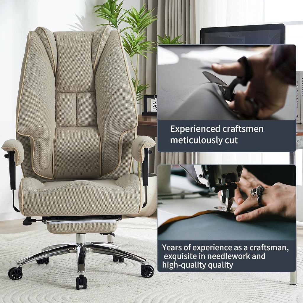 Large Tall Office Chair 400 lbs Wide Seat, Leather High Back Executive Office Chair with Footrest, Ergonomic Office Chair Lumbar Support to Relieve Lower Back Pain (Beige)