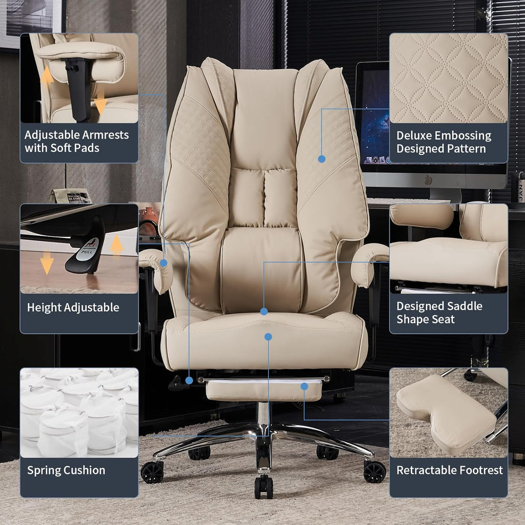Large Tall Office Chair 400 lbs Wide Seat, Leather High Back Executive Office Chair with Footrest, Ergonomic Office Chair Lumbar Support to Relieve Lower Back Pain (Beige)
