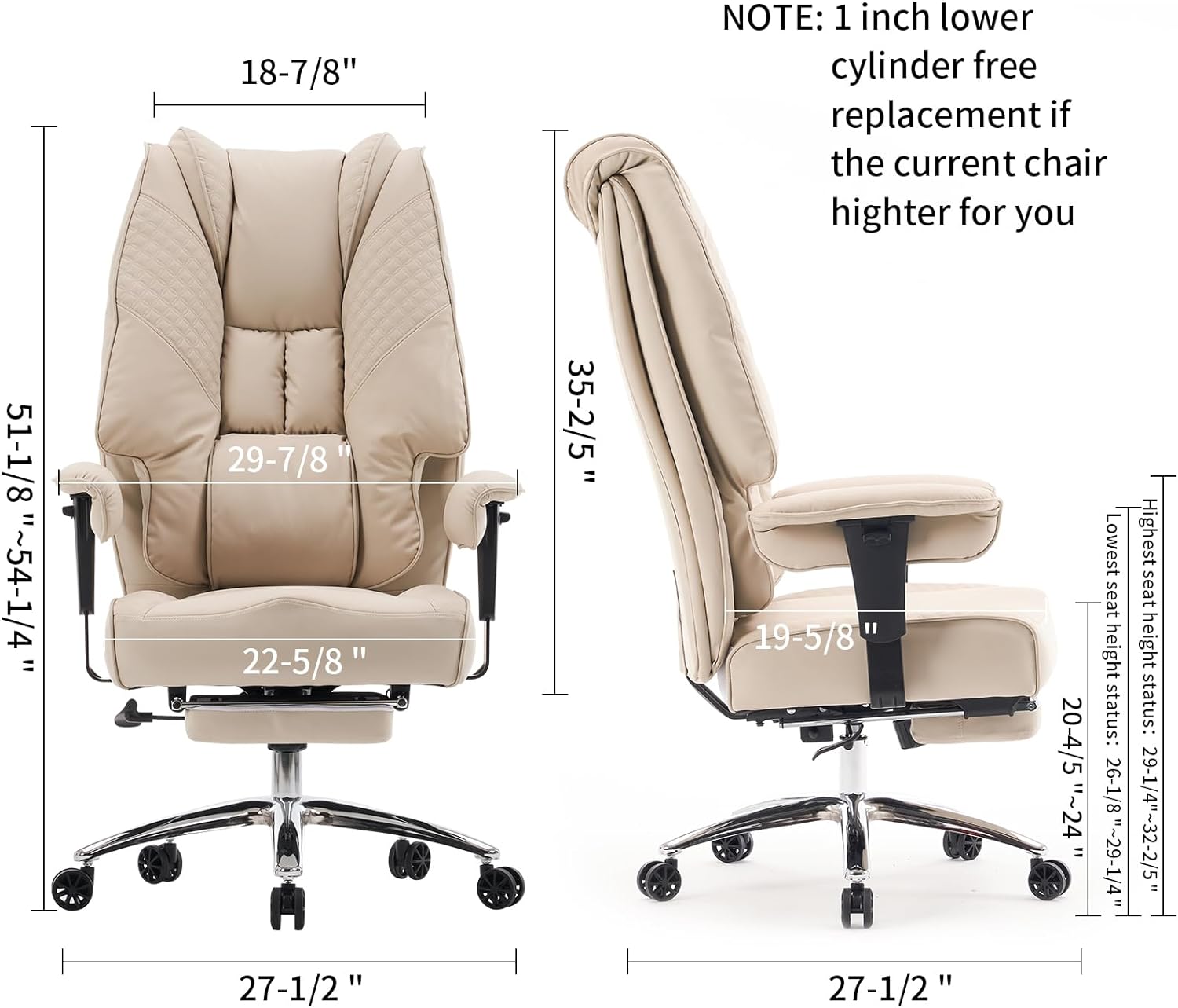 Large Tall Office Chair 400 lbs Wide Seat, Leather High Back Executive Office Chair with Footrest, Ergonomic Office Chair Lumbar Support to Relieve Lower Back Pain (Beige)