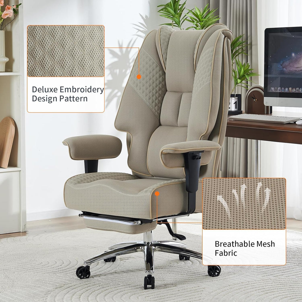 Large Tall Office Chair 400 lbs Wide Seat, Leather High Back Executive Office Chair with Footrest, Ergonomic Office Chair Lumbar Support to Relieve Lower Back Pain (Beige)