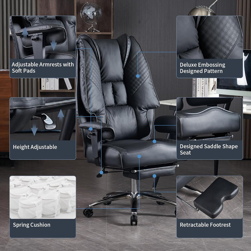 Large Tall Office Chair 400 lbs Wide Seat, Leather High Back Executive Office Chair with Footrest, Ergonomic Office Chair Lumbar Support to Relieve Lower Back Pain (Beige)